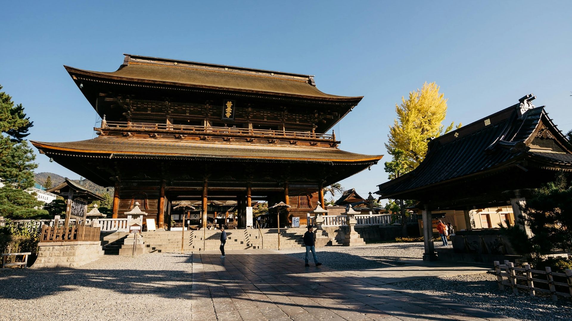 Historic Buddhist temple gate under a clear sky