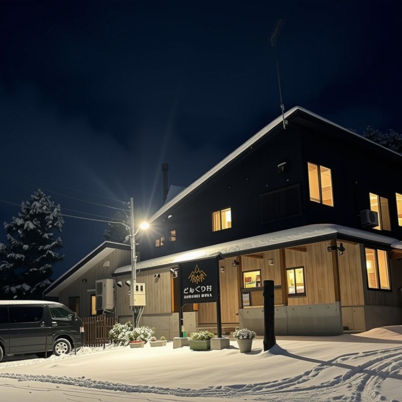 Donguri Mura reception building at night, with parking area