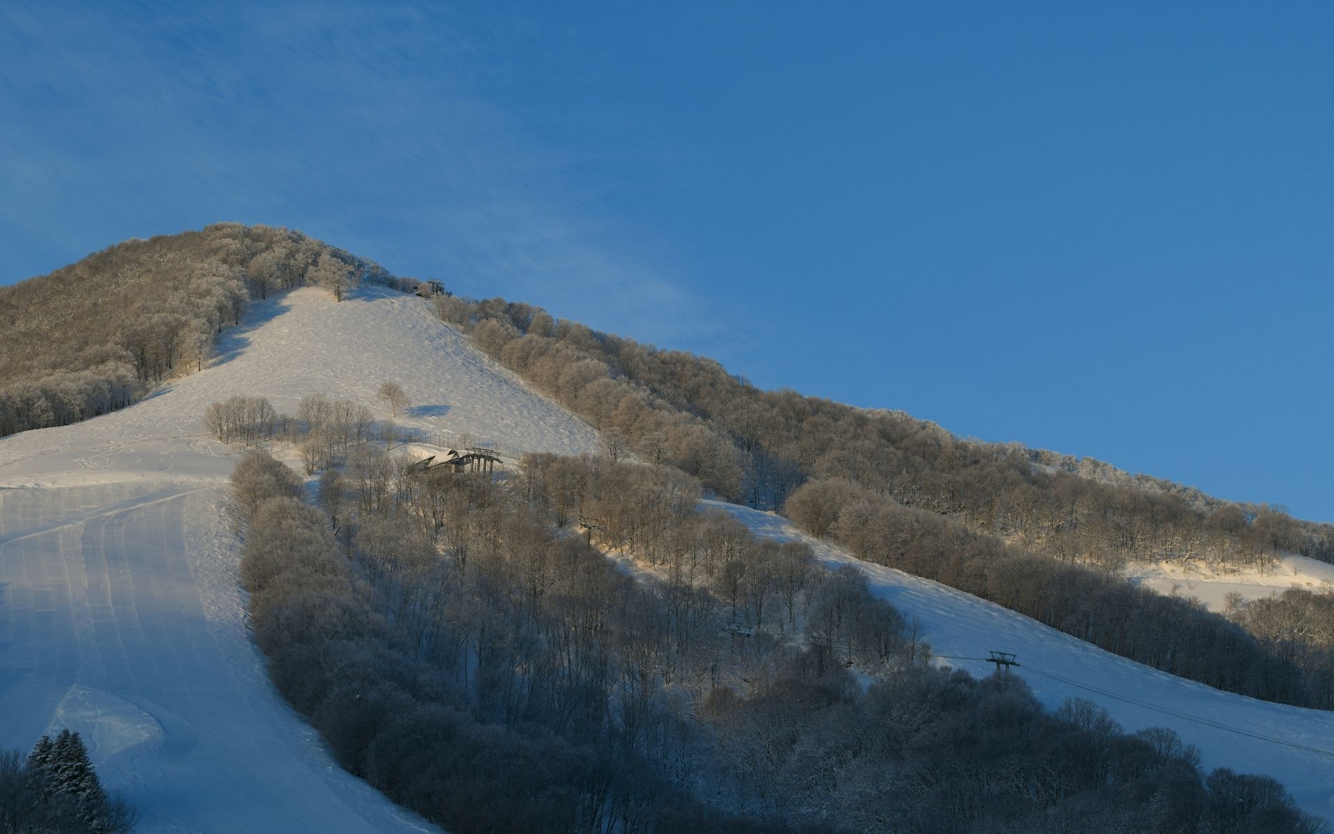 Snow-covered ski slope under a clear blue sky